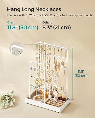 SONGMICS Jewellery Stand, Jewellery Organiser, Jewellery Display Stand with Metal Frame and Velvet Tray, Earring Bracelet Holder, Necklace Stand, for Studs, Rings, Gift Idea, White JJS021W01 thumbnail 7