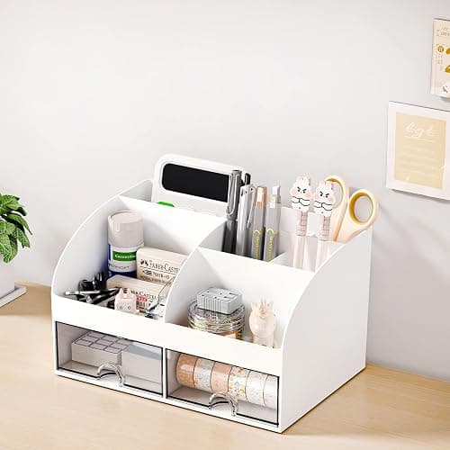 COMFYROOM Desk Organizer with 6 Compartments and 2 Drawers, Plastic Makeup Organizer, Pen Holder for Desktop Storage, Desk Organization for School, Home, Office Supplies (White) thumbnail 6