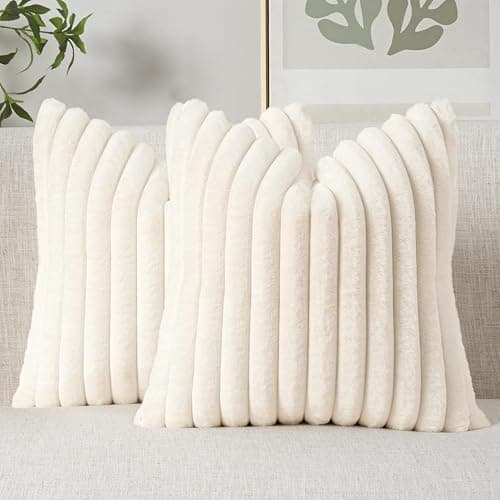 MIULEE Faux Fur Decorative Throw Pillow Covers 18x18 Inch Set of 2, Modern Spring Home Decor Soft Plush Couch Pillows Cozy Fluffy Cushion Covers for Sofa Bed Beige - Image 1