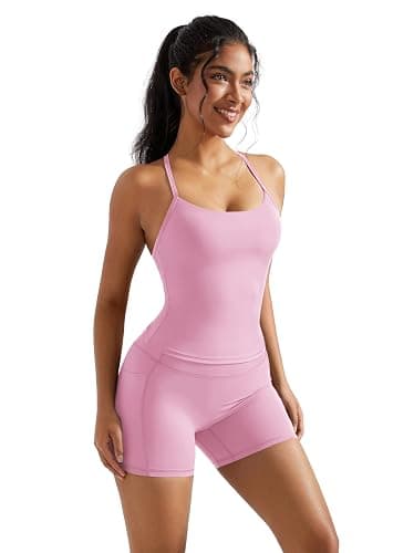 OMKAGI 2 Piece Workout Sets for Women Padded Sports Bra Tank Booty Gym Shorts with Pockets thumbnail 3