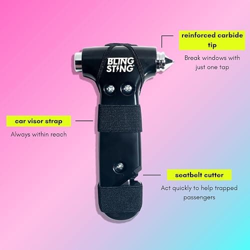 BLINGSTING Safety Hammer - Emergency Automotive Escape Tool with Window Breaker, Seat Belt Cutter & Adjustable Car Visor Strap - Tempered Glass Breaker - Steel Blade - Black (1 Count) thumbnail 3