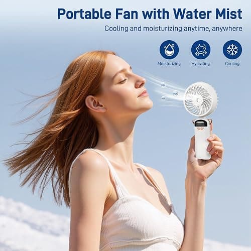 Kssvzz Portable Handheld Fan with Water Mist Spray, Rechargeable Battery Operated Fan with Base, Digital Display, 5 Speeds, 90° Ajustable, Electric Mini Fan for Travel Camping Outdoor (White) thumbnail 6
