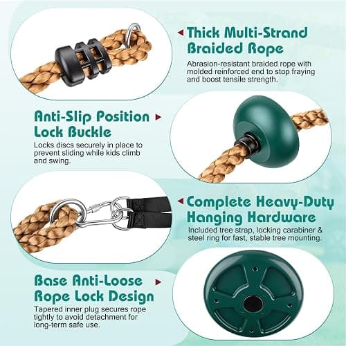 Lustriix Tree Swing 330LB, Rope & Platform Set with Carabiner, Green | Climbing rope, disc seat, hanging strap, non-slip. 330LB capacity. Backyard, garden, tree house. Gift for kids. thumbnail 5