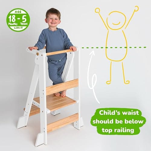 OCODILE Adjustable Foldable Toddler Tower – Folding Tower for Kids | Montessori Toddler Kitchen Step Stool Helper for Independence - White thumbnail 4