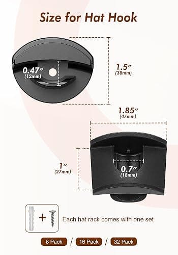 HOUSE DAY Adhesive Hat Hooks for Wall 16 Pack, Strong Hat Rack for Baseball Cap Display Organizer, Hats Holder for Wall, Door, Closet, No Drilling, Black thumbnail 2