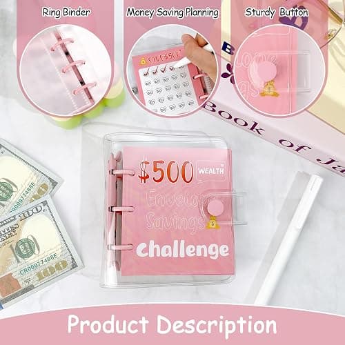 Drawelry Mini Money Saving Binder, 25 Cash Envelopes Money Saving Challenge Binder $500 $1000, Portable Savings Book Envelopes Stickers for Budgeting Planner Christmas Birthday Gift (Pink, $500) thumbnail 3