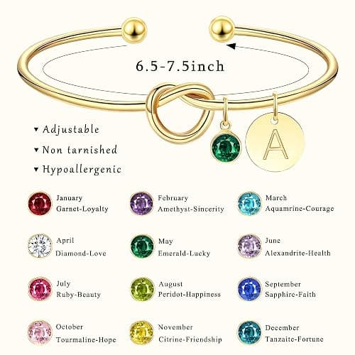 Valentine's Day Gift Initial Birthstone Gold Bracelets for Women Bridesmaid Proposal Gift Tie the Love Knot Cuff Bangle Bracelet 14K Gold Plated Adjustable Birthstone Bracelets Personalized Charm Birthday Gift thumbnail 4