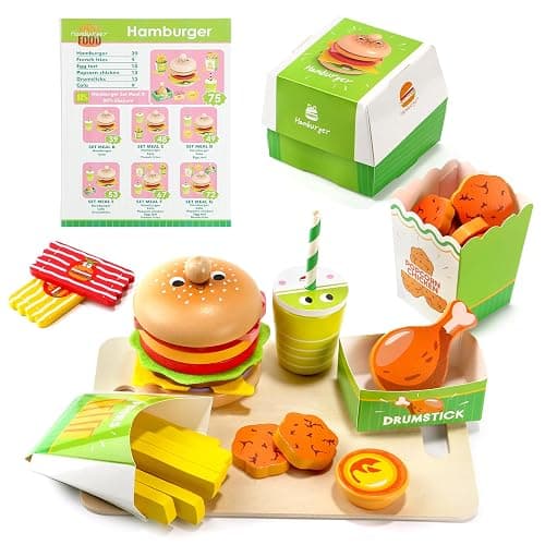 Wooden Hamburger Play Food Set for Kids, Fast Food Playset with Tray, Pretend Play Kitchen Accessories for Toddlers - Image 1