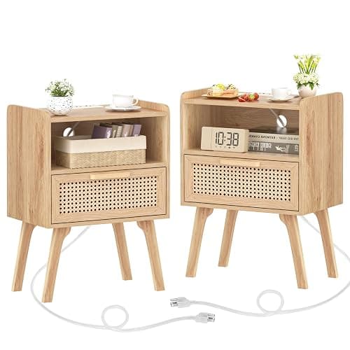 Lerliuo Rattan Nightstands Set of 2 with Charging Station, Boho Night Stand | Handmade Natural Rattan Drawer and Open Shelf, Side End Tables with Solid Wood Legs for Bedroom, Dorm, Small Spaces - Image 1