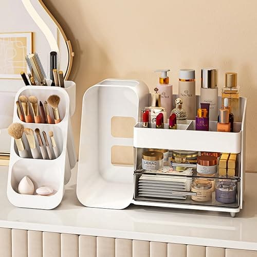 KQJS Makeup Organizer with Drawers,Large Capacity Countertop Organizer for Vanity,Bathroom and Bedroom Desk Cosmetics Organizer,Easy To Storage Skincare,Brushes,Lotions,Lipstick (White) thumbnail 7