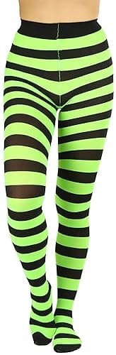ToBeInStyle Women’s Wide Horizontal Contrast Stripe Tights Opaque Hosiery - One Size Plus - Black and Neongreen