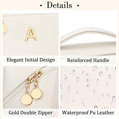 CLOUDWINGS Birthday Gifts for Women Teen Girl, Personalized Initial Makeup Organizer Bag Set, Open Flat Travel Cosmetic Bag With Clear Divider and Handle(Beige,A) thumbnail 5