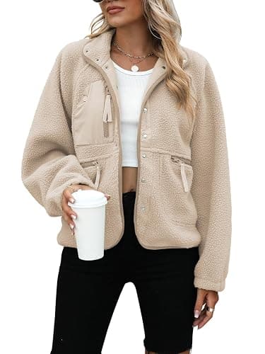 Yanekop Womens Fleece Jacket Fuzzy Long Sleeve Short Winter Coats Button Down Sherpa Jacket Outerwear with Pockets - Image 1