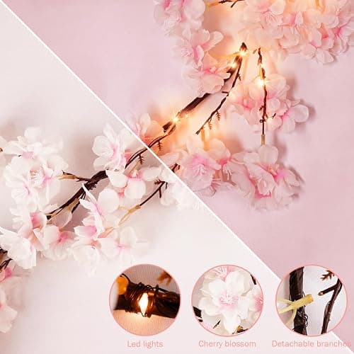 obbsie 6FT Lighted Cherry Blossom Garland with 100 Fairy Lights Timer Battery Operated Artificial Cherry Blossom Flower Vines with Lights for Mantle Home Fireplace Wedding Party Office Decor thumbnail 8