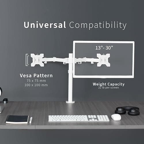 VIVO Dual Monitor Desk Mount, Heavy Duty Fully Adjustable Steel Stand, Holds 2 Computer Screens up to 30 inches and Max 22lbs Each, White, STAND-V002W - White - 13" - 30" thumbnail 7