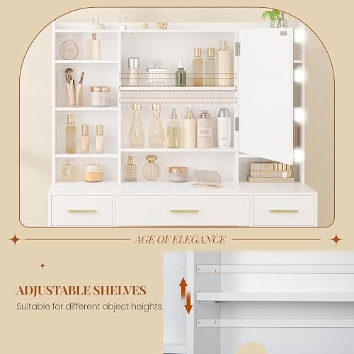 HEXCELEN 108 cm Coiffeuse avec Miroir et Lumières LED, Blanc | Luminosité Réglable, Tiroirs, Armoire et Étagères Ouverts, Table de Maquillage, Miroir avec Étagères Cachées thumbnail 5