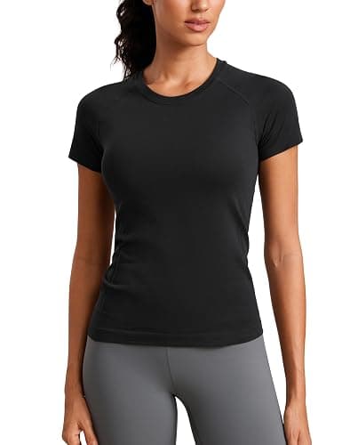 CRZ YOGA Seamless Workout Tops for Women Hip Length - Athletic Running Gym Yoga Short Sleeve Shirts Breathable Crewneck Tees - Image 1