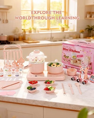 Kids Cooking Sets Real Electric Dual Stove - Montessori Real Cooking Set with Mini Kitchen Tools, Safe Utensils, Apron & Cookware - Great for Pretend Play Montessori Learning (Pink) thumbnail 7