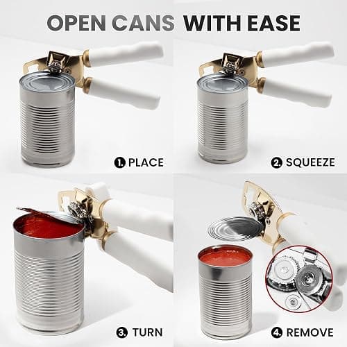 Zulay Kitchen Heavy Duty Stainless Steel Can Opener Manual with Bottle Opener - Rust Proof Manual Can Opener With Turn Knob & Comfy Soft Grip Handles - White & Gold thumbnail 6