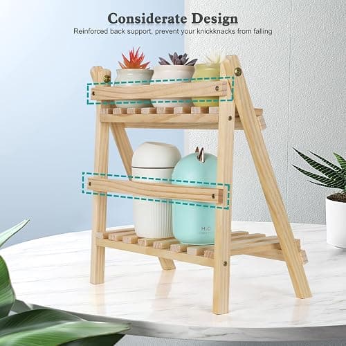 Jotsport 2-Step Desktop Storage Organizer Foldable 2 Tier Ladder Plant Stand Wood Display Shelf Decorative Storage Rack for Table Top thumbnail 5