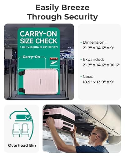 BAGSMART Carry On Luggage 22x14x9 Airline Approved with Spinner Wheels,Lightweight 20 Inch Luggage with TSA Lock,Expandable Hard Shell Carry On Suitcases for Men Women,Pink thumbnail 5