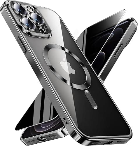 WEYNRBOX Magnetic for iPhone 12 Pro Max Case with Privacy Screen Protector & Full Camera Cover,[Non-Yellowing] Plating Glossy Soft Shockproof Clear Phone Case with Women Girls for 12 ProMax,Black - Image 1