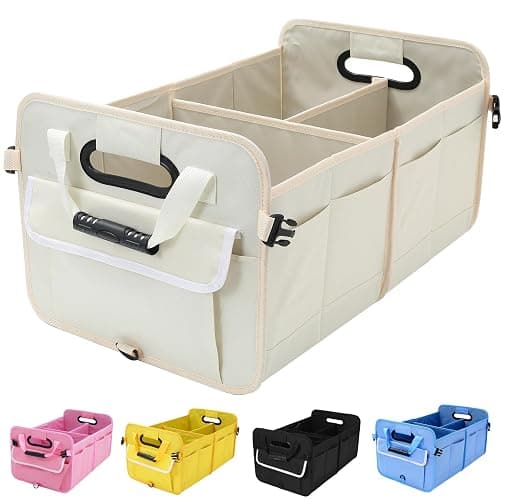 Zhiyanz Car Suv Trunk Organizer,Sturdy Storage Organizer for Car Accessories,Tools,Sundries.Upgraded 4 Carrying Handles,72L,Foldable,Waterproof,Multi Compartment,2 Straps for Fixation (Beige) - Image 1