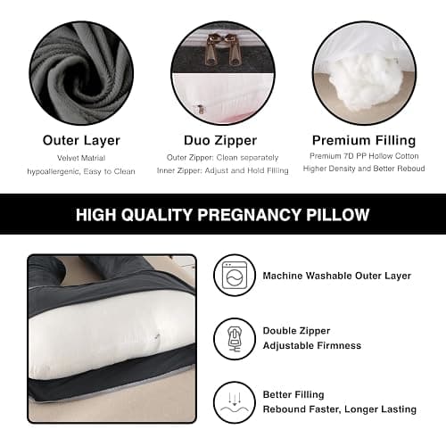 ALLOPERA Pregnancy Pillow, Full Body 57 Inch Maternity Pillow with Removable Washable Cover - Sleep Support for Legs, Back, Neck, Shoulder, HIPS, Belly for Pregnent Women, Black Grey Velvet Cover thumbnail 5