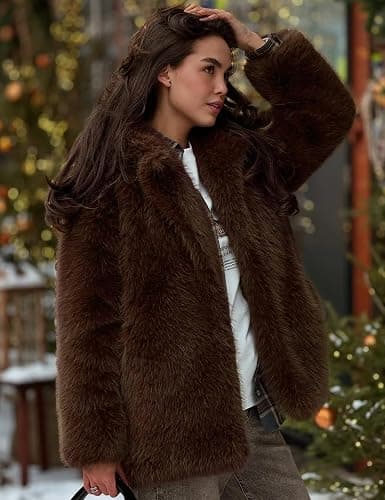 COZYPOIN Womens Faux Fur Coats Warm Mid Long Furry Jackets Long Sleeve Lapel Winter Fluffy Outerwear Shaggy Parka Coat thumbnail 6