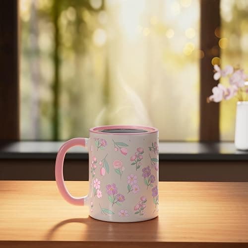 Pink Floral Girly Garden Pattern Coquette Aesthetic Ceramic Mug, Pink/White thumbnail 2
