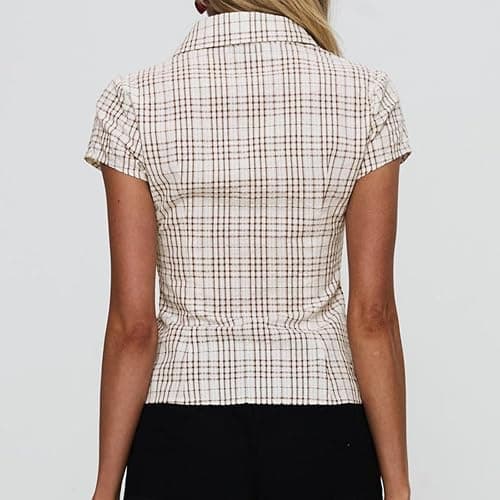 Women Fashion Plaid Button Up Shirt Short-Sleeve Lapel Collar Blouse Shirts Y2K Summer Casual Going Out Tops thumbnail 5