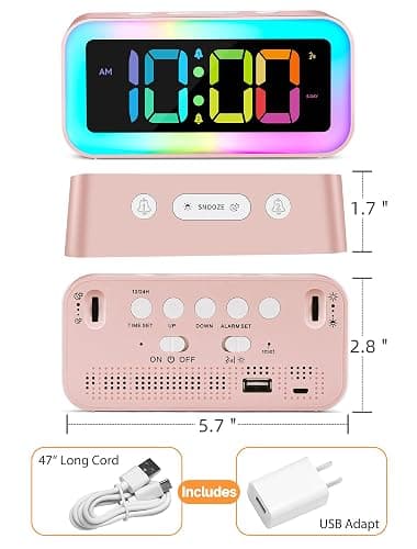 Cadmos Cute Pink Loud Alarm Clock with RGB Night Light - Perfect for Girls Room Decor and Kawaii Gifts, Small Size for Bedside or Desk Lamp in Bedrooms, Ideal for Kids, Teens (Light Pink) thumbnail 2