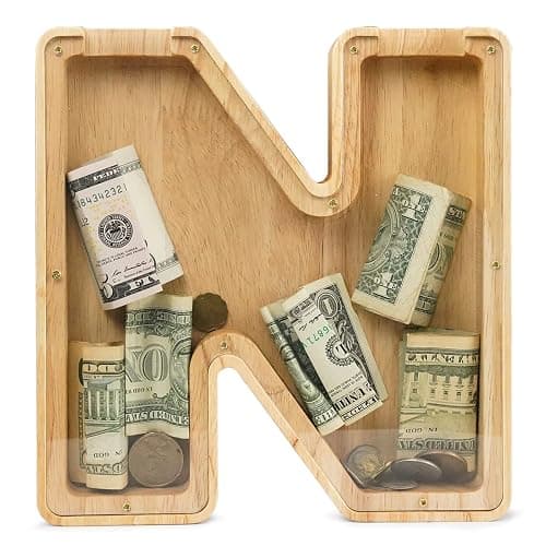 WOOD CITY Letter Piggy Bank for Adults Boys Girls Kids, Wooden 9 inch Large Personalized Bills and Coins Bank Money Box, Customized Name DIY Creative Gift for Real-Money, Alphabet Decorations (N) - Image 1