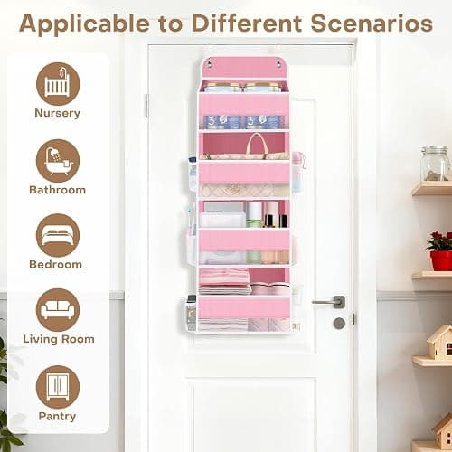 Over the Door Organizer, 4 Large Pocket Hanging Storage with 40lb Capacity | Space Saving Behind Door Storage for Nursery, Bathroom, Bedroom and Closet, Baby Stuff and Toiletry Organizer, Pink thumbnail 3