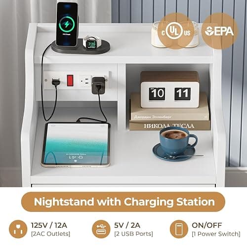 ADORNEVE Nightstand with Charging Station,White Night Stand with Hutch,Bedside Table with Drawers,Bed Side Table with Storage thumbnail 4