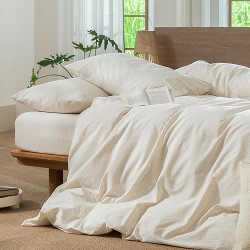 MooMee Striped Duvet Cover Set 100% Washed Cotton Linen Like Textured Breathable Durable Soft Comfy (Almond Milk Grey Pinstripes, Queen 90"x90") thumbnail 5