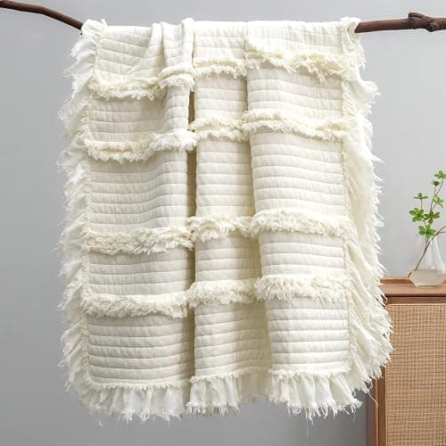 Ultra Soft Pre-Washed Quilted Boho Cream Twin Size Blankets for Bed, Ruffle Fringed Decorative Throw, Stone Washed Chic Rustic Blanket for Sofa Couch Bed, 60"*80" - Image 1