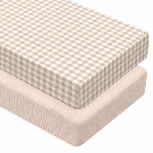 Breling 2 Pcs Muslin Khaki and Khaki Gingham Crib Sheets Netural, 52"X 28" | Soft Breathable Brown Plaid 100% Cotton Baby Standard Mattress Cover, Fitted for Girl Boy Nursery Mattress, Washable - Image 1