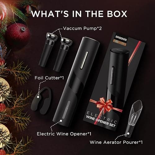 BABONIR Electric Wine Opener Set - Automatic Electronic Bottle Openers with Greeting Card, Vacuum Stoppers, Wine Aerator, and Foil Cutter, Ideal Present for Wine Lovers, Party, and Home Entertaining thumbnail 7