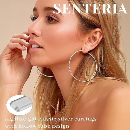 Senteria 2mm Wide 925 Sterling Silver Hoop Earrings for Women Hypoallergenic Lightweight Thin Large Big Gold Plated Hoops Earrings for Women 20/30/50/70MM thumbnail 2