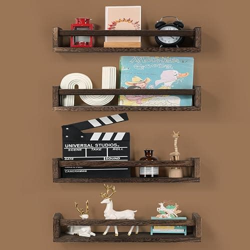 DUICIRX Nursery Room Shelves Set of 4, Wood Floating Book Shelves for Kids Room, Baby Book Shelf for Nursery, Kitchen Spice Rack (Carbonized Brown) - Carbonized Brown thumbnail 2
