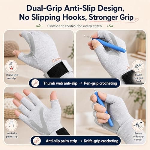 Coopay Crochet Gloves with Anti-Slip Grip, Fingerless Compression, Size M | Ergonomic Hand Support for Crocheting, Knitting and Crafting, Reduces Strain During Long Sessions, Lightweight, Fingerless thumbnail 5