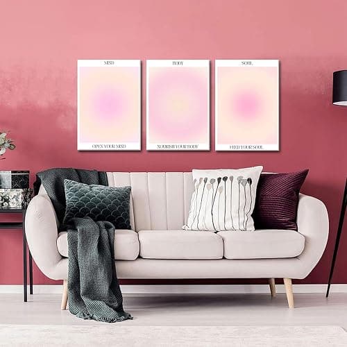 Trendy Aesthetic Canvas Wall Art Aesthetic Set of 3 | Gradient Psychedelic Aura Angel Posters Prints Room Decor | Pink Wall Art Decor for Bedroom, Living Room - Framed 16x24 Inch - 16"x24"x3 Framed - Pink thumbnail 2