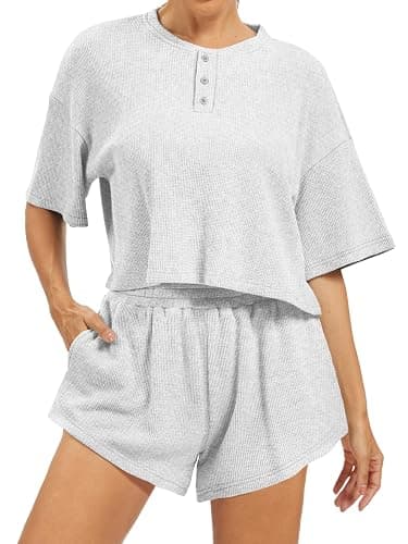 AnotherChill Women's Cropped Waffle Knit Lounge Set – Short Sleeve Henley Top and High Waisted Shorts 2 Piece Casual Outfit - Image 1