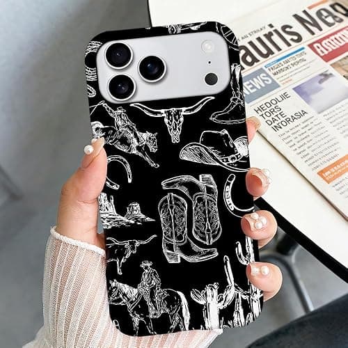 NOWETOO Case for iPhone 17 Pro Max,Western Country Cowboy Black Collage Phone Case,Trendy Frosted Silicone Shockproof Cover for Girl Women thumbnail 4