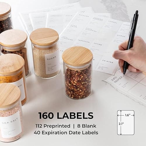 Bloomondo Empty Spice Jars with Label Pack (12x Bamboo Lid Glass Jar). Small 6oz Spice Storage Bottles with 112 Printed Stickers and 48 Writable Pantry Labels for Seasoning Containers thumbnail 4
