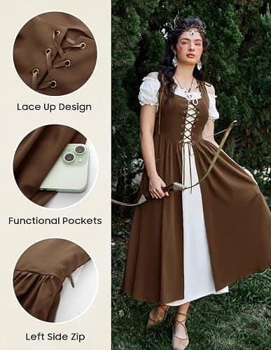 SCARLET DARKNESS Renaissance Costume Women Peasant Medieval Dress Short Sleeve Maxi Fairy Dresses with Pockets thumbnail 4