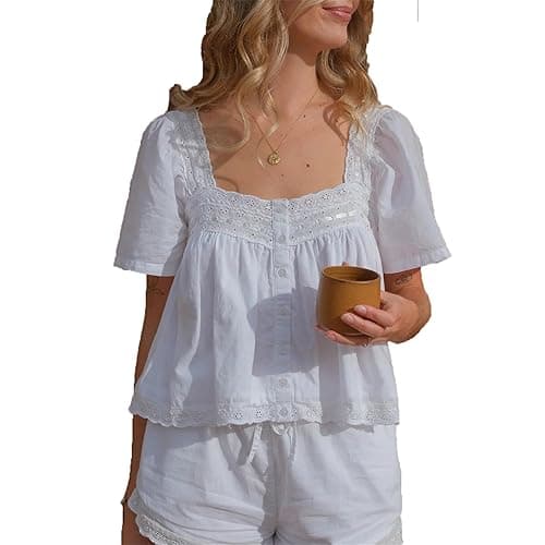 Women Lace Trim Flowy Shirt Y2k Half Short Sleeve Ruffle Low Cut Babydoll Tops Boho Cute Fairy Going Out Streetwear - Image 1