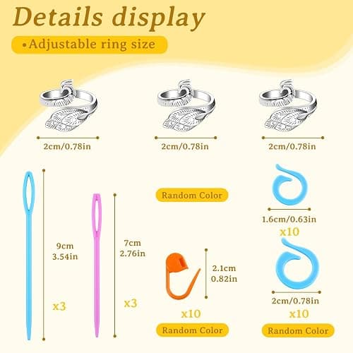 Yizzvb 3 Pcs Crochet Ring+30Pcs Stitch Markers, 6 Large Eye Blunt Needles, Adjustable Tension Rings for Finger Yarn, Knitting & Crochet Accessories Set for DIY Crafts,Crocheters Knitters thumbnail 2