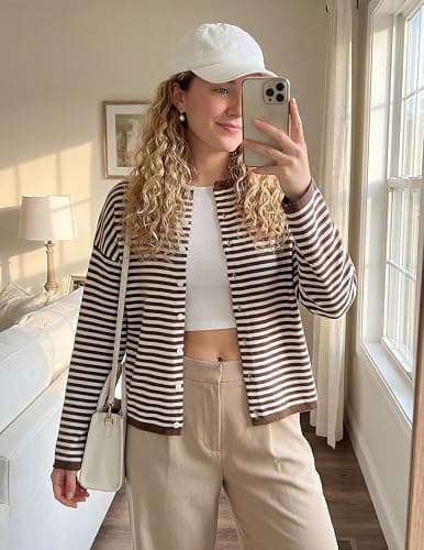 MEROKEETY Womens Striped Cardigan Sweaters 2026 Button Lightweight Long Sleeve Loose Knit Fall Sweater Clothes thumbnail 5